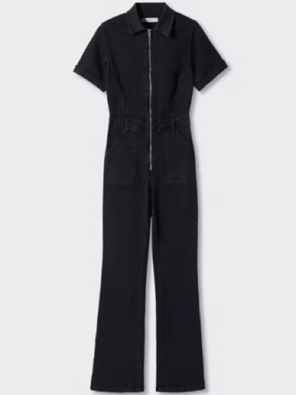 Women’s Denim Black Short-Sleeve Zip-Front Jumpsuit